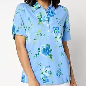 Isaac Mizrahi Live Blue Floral Polo Shirt Size L